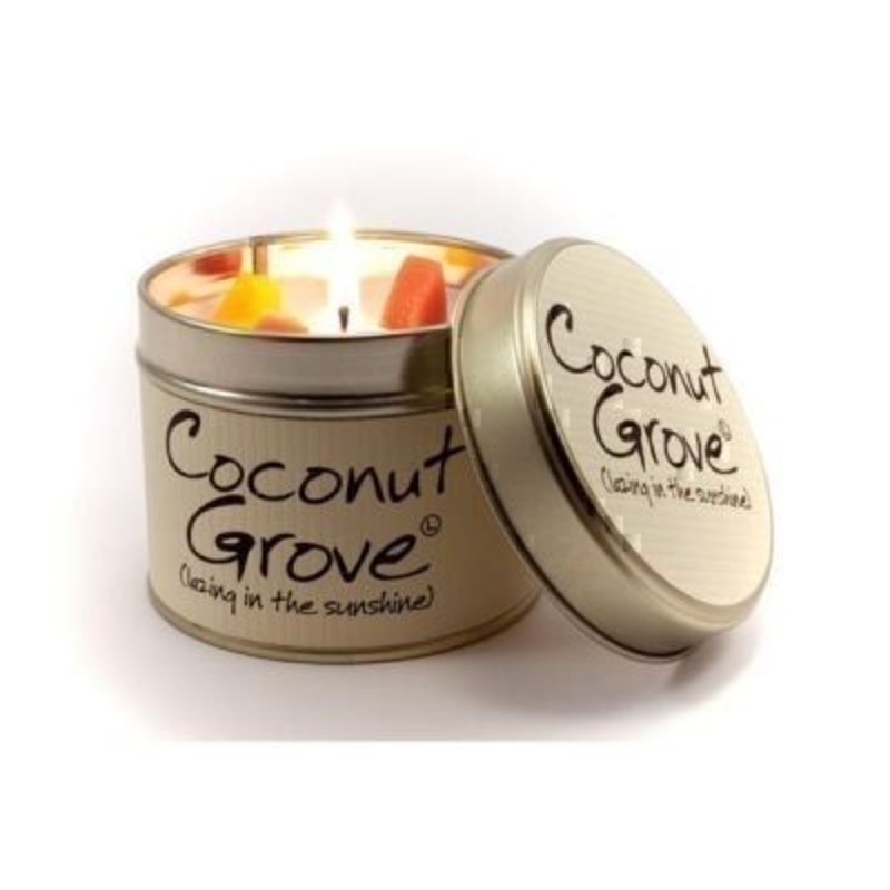 Let Lily Flame scented candles transport you to a different place.  Coconut Grove; Lazing in the Sunshine. Mellow and rich. Clean and not too sweet. Lie back and soak it up. Burn Time 35 hours. Dimensions 7.7 x 6.6cm